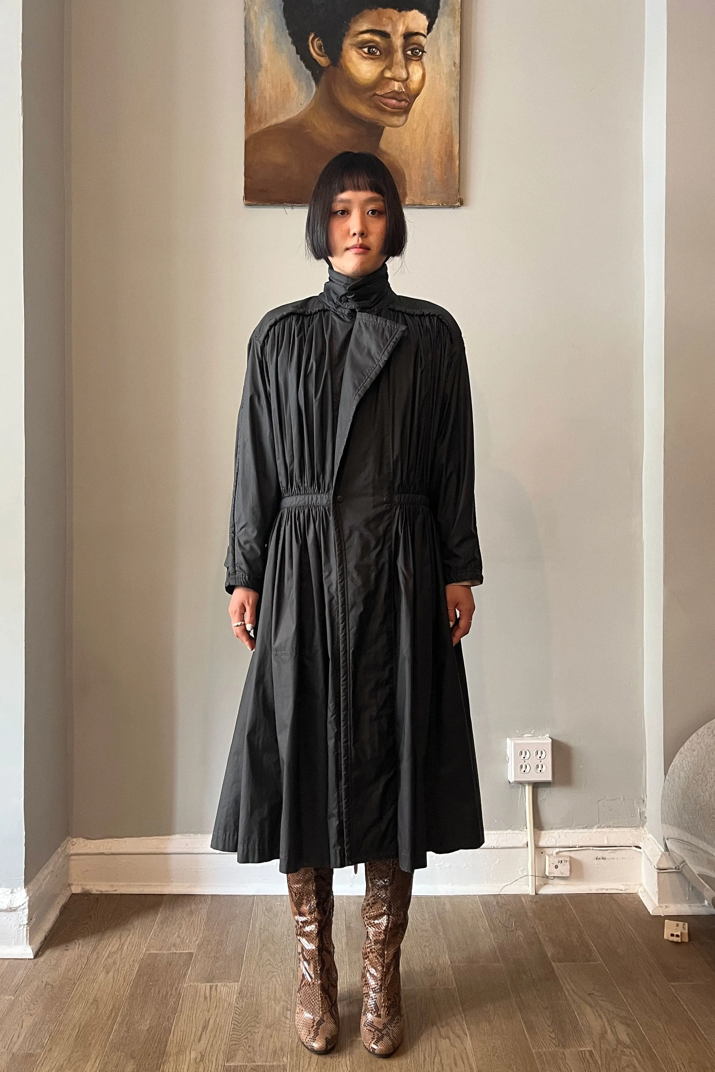 1970S Issey Miyake Black Nylon Blend Pleated Trench Coat