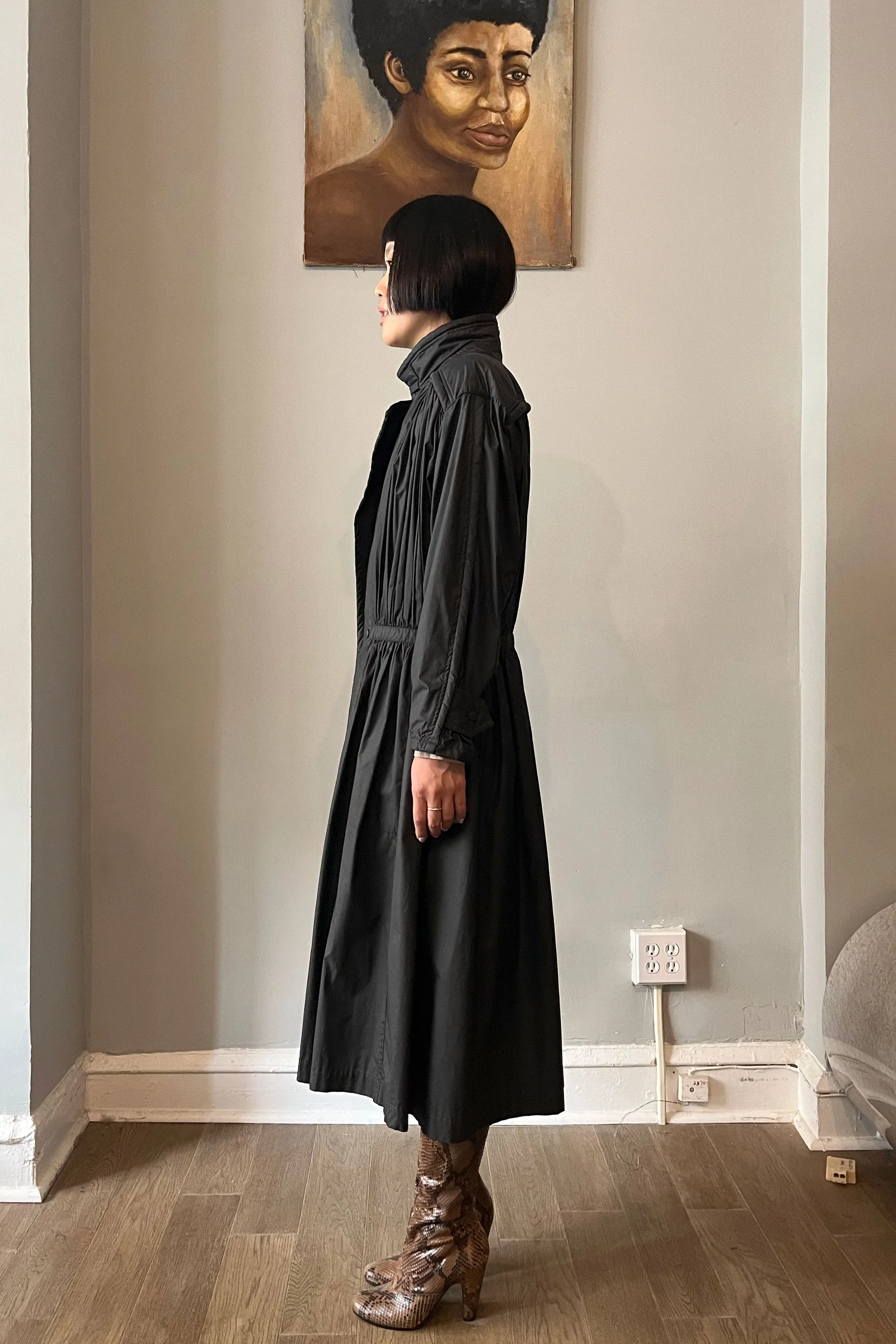 1970S Issey Miyake Black Nylon Blend Pleated Trench Coat