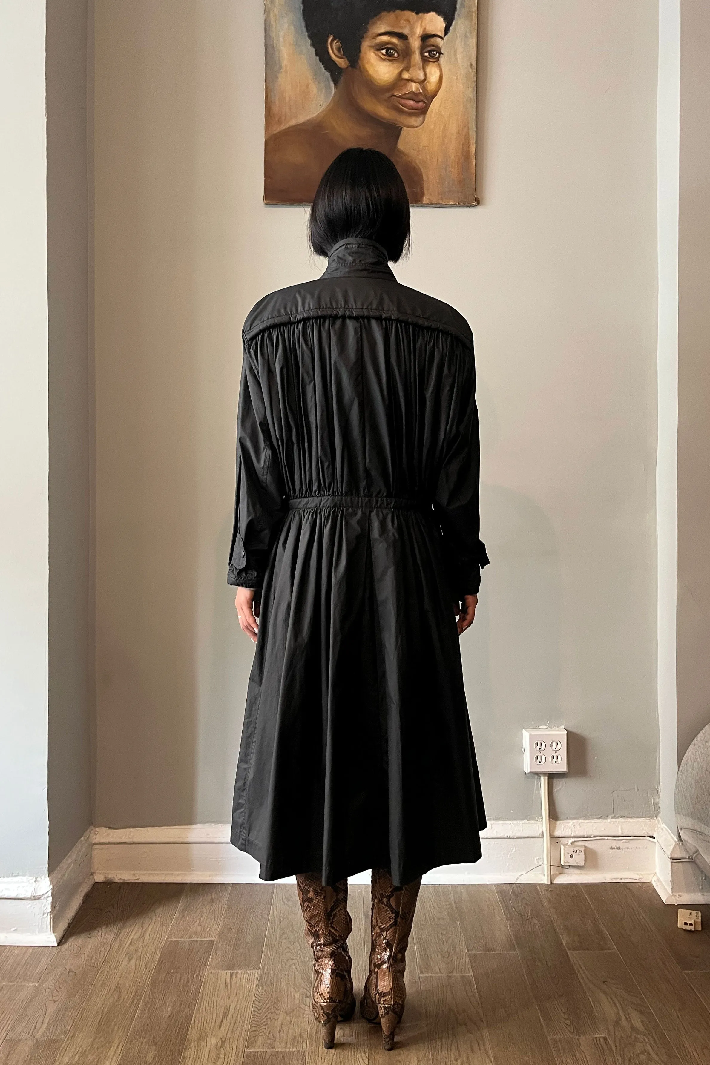1970S Issey Miyake Black Nylon Blend Pleated Trench Coat