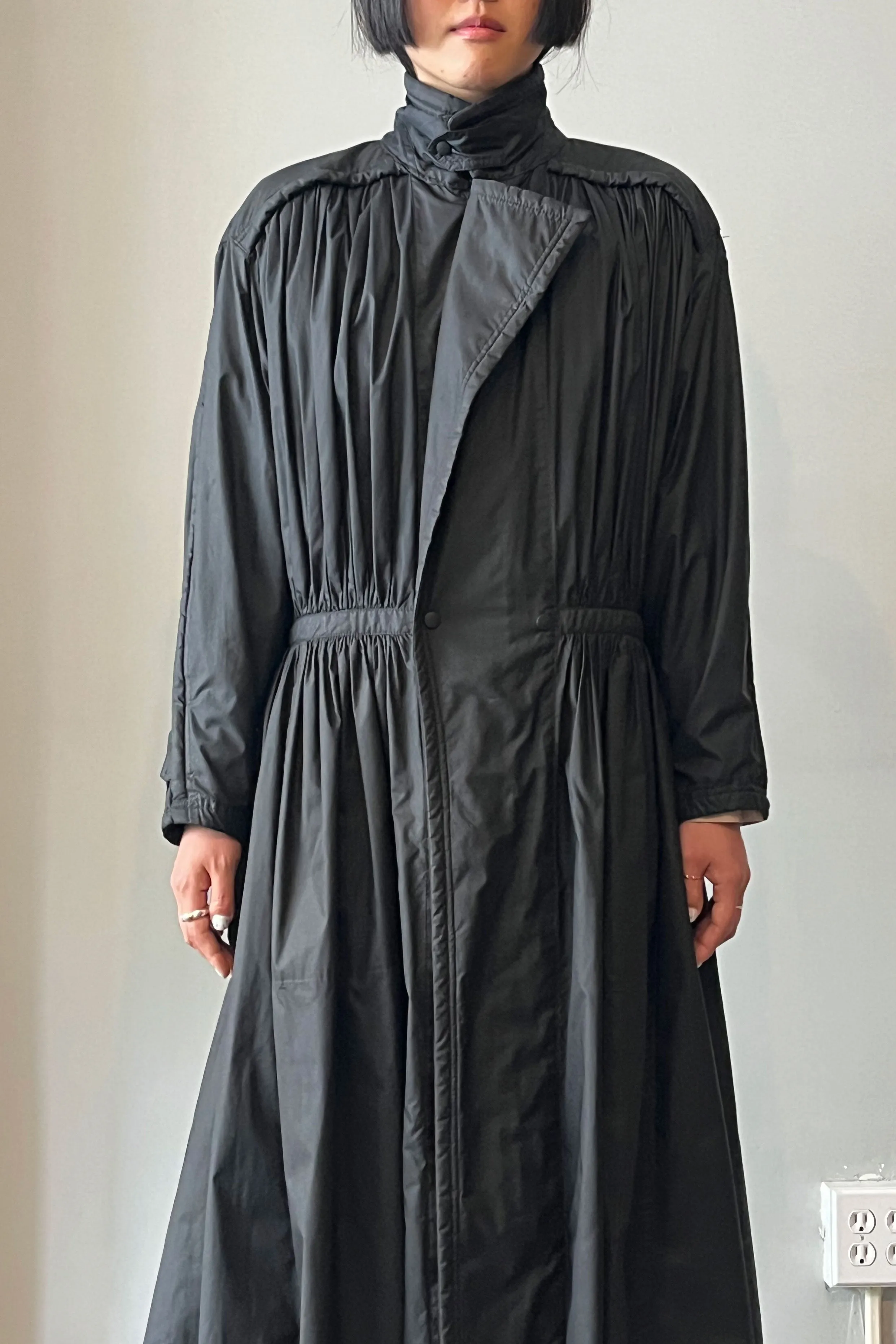 1970S Issey Miyake Black Nylon Blend Pleated Trench Coat