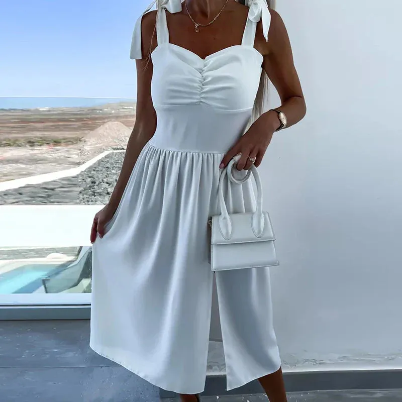 2024 Summer Spaghetti Strap Beach Fashion Floral Print Pleated Split Women's Casual Sleeveless Slim Midi Floral New Dress