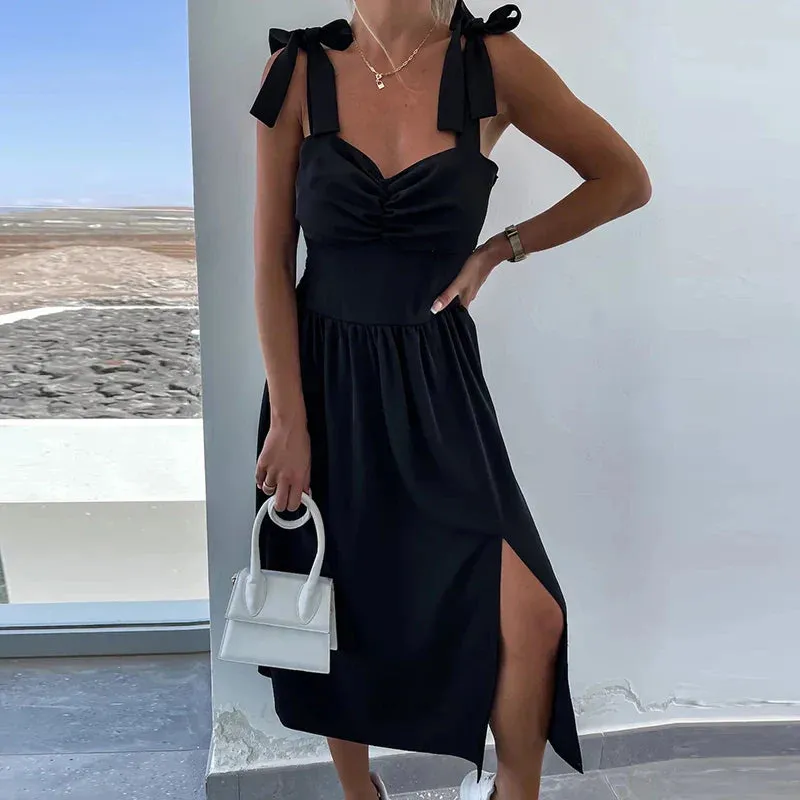 2024 Summer Spaghetti Strap Beach Fashion Floral Print Pleated Split Women's Casual Sleeveless Slim Midi Floral New Dress