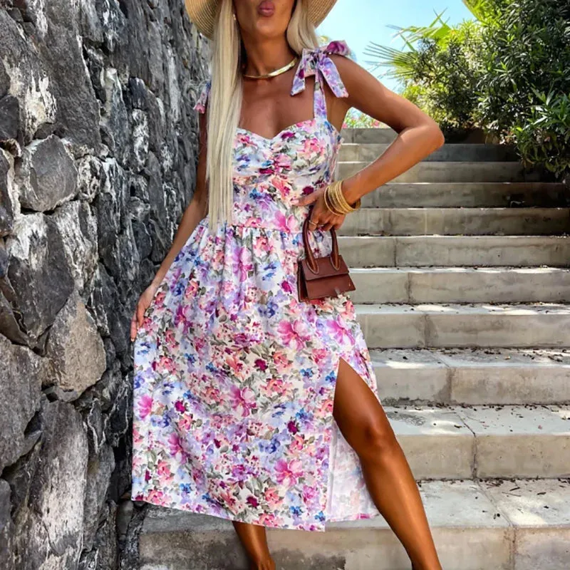2024 Summer Spaghetti Strap Beach Fashion Floral Print Pleated Split Women's Casual Sleeveless Slim Midi Floral New Dress