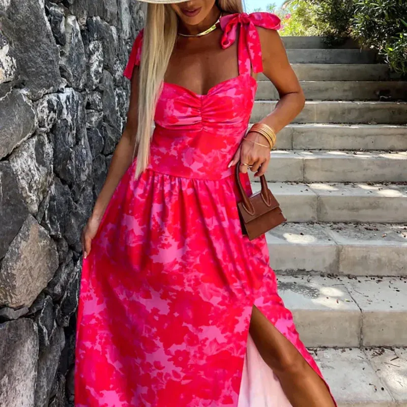 2024 Summer Spaghetti Strap Beach Fashion Floral Print Pleated Split Women's Casual Sleeveless Slim Midi Floral New Dress