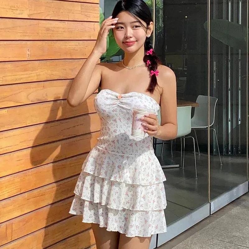 Backless One-shoulder Birthday Party Slim Frill Short Floral Mini Dress