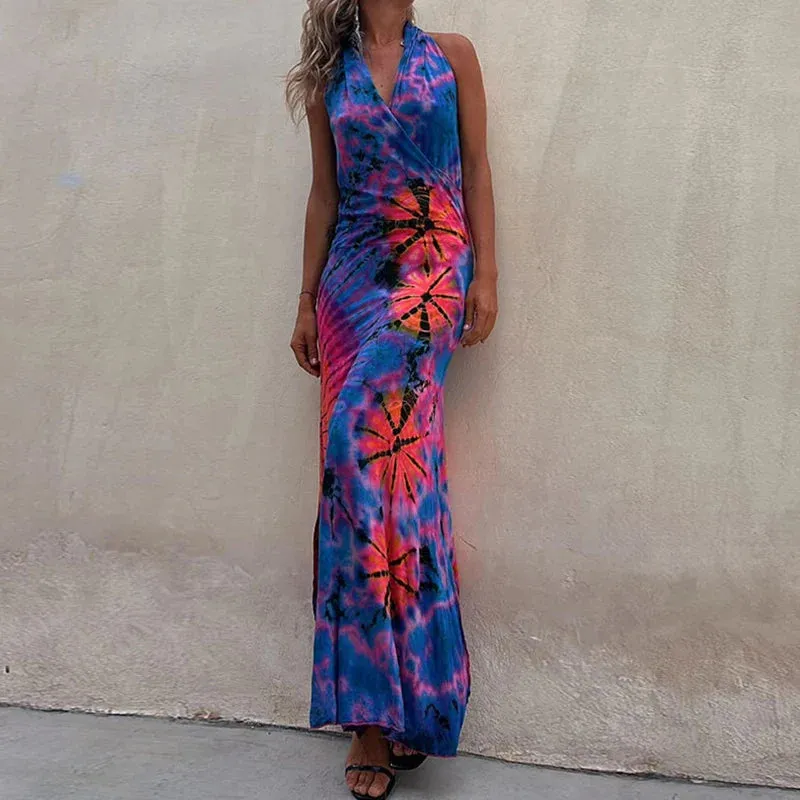 Backless Pattern Print One Piece Retro Fashion Slim V-neck Halter Ruffles Floral Sexy Dress