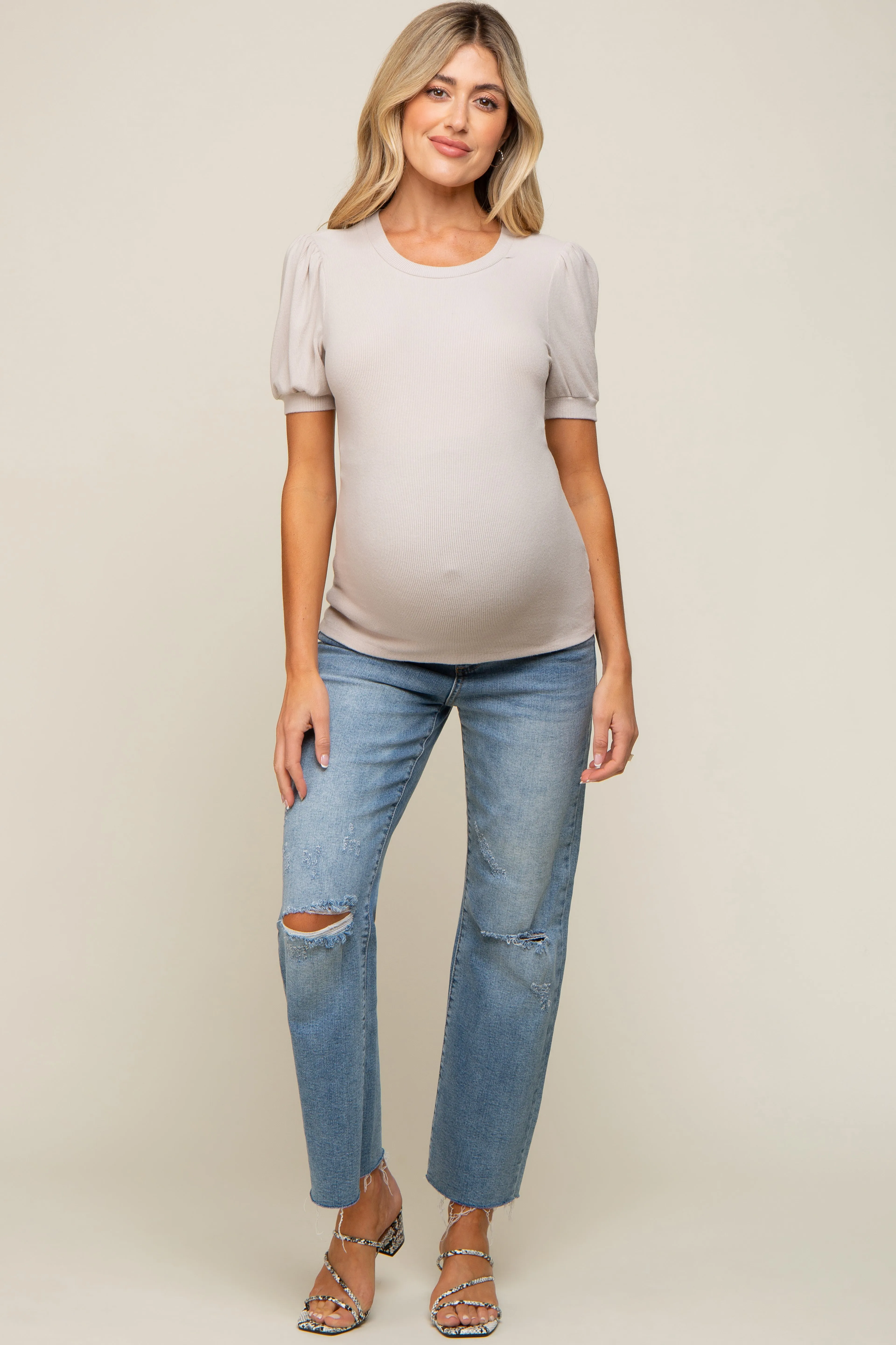 Beige Brushed Knit Tied Back Cutout Maternity Top