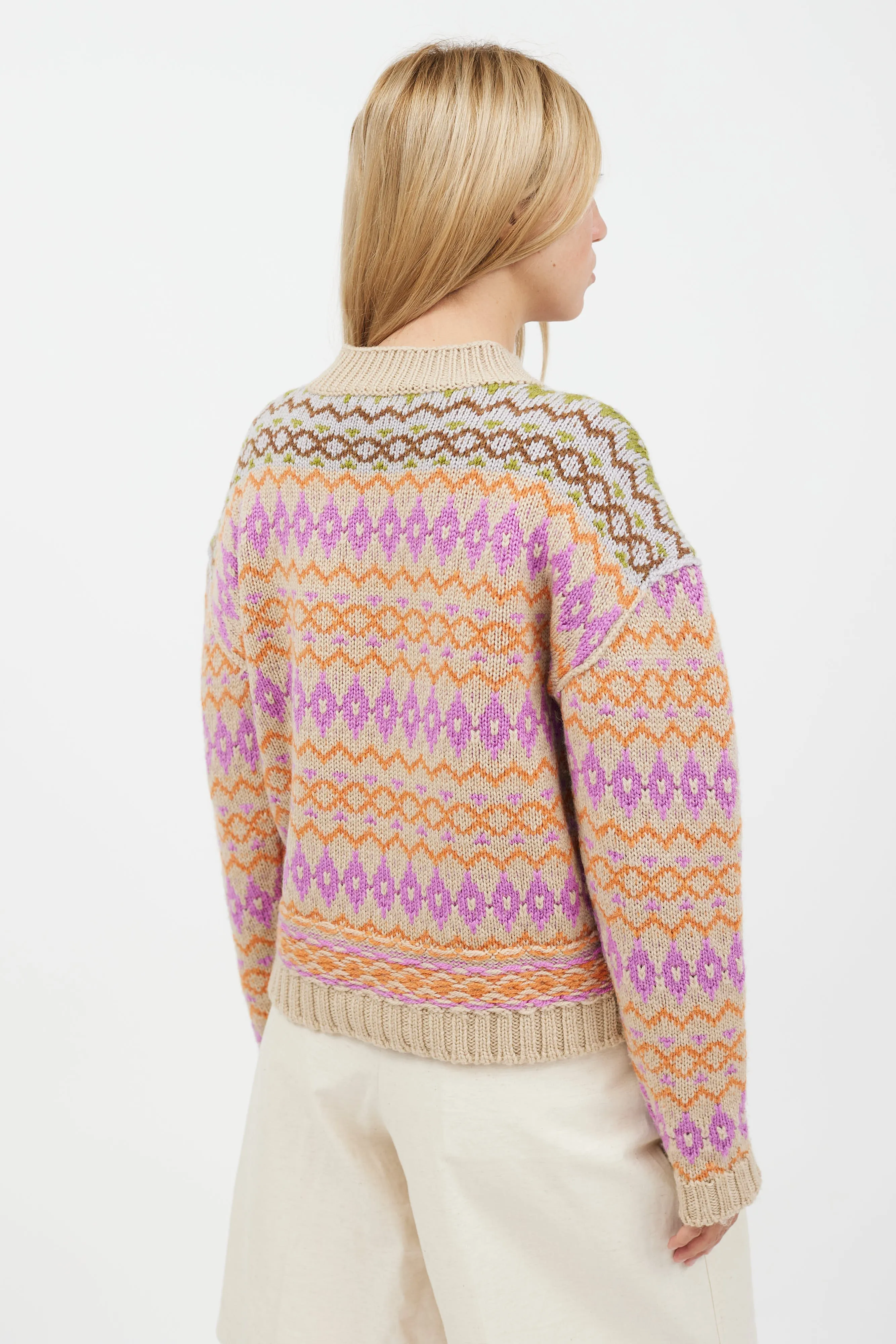 Beige Multicolour Knit Crewneck Sweater