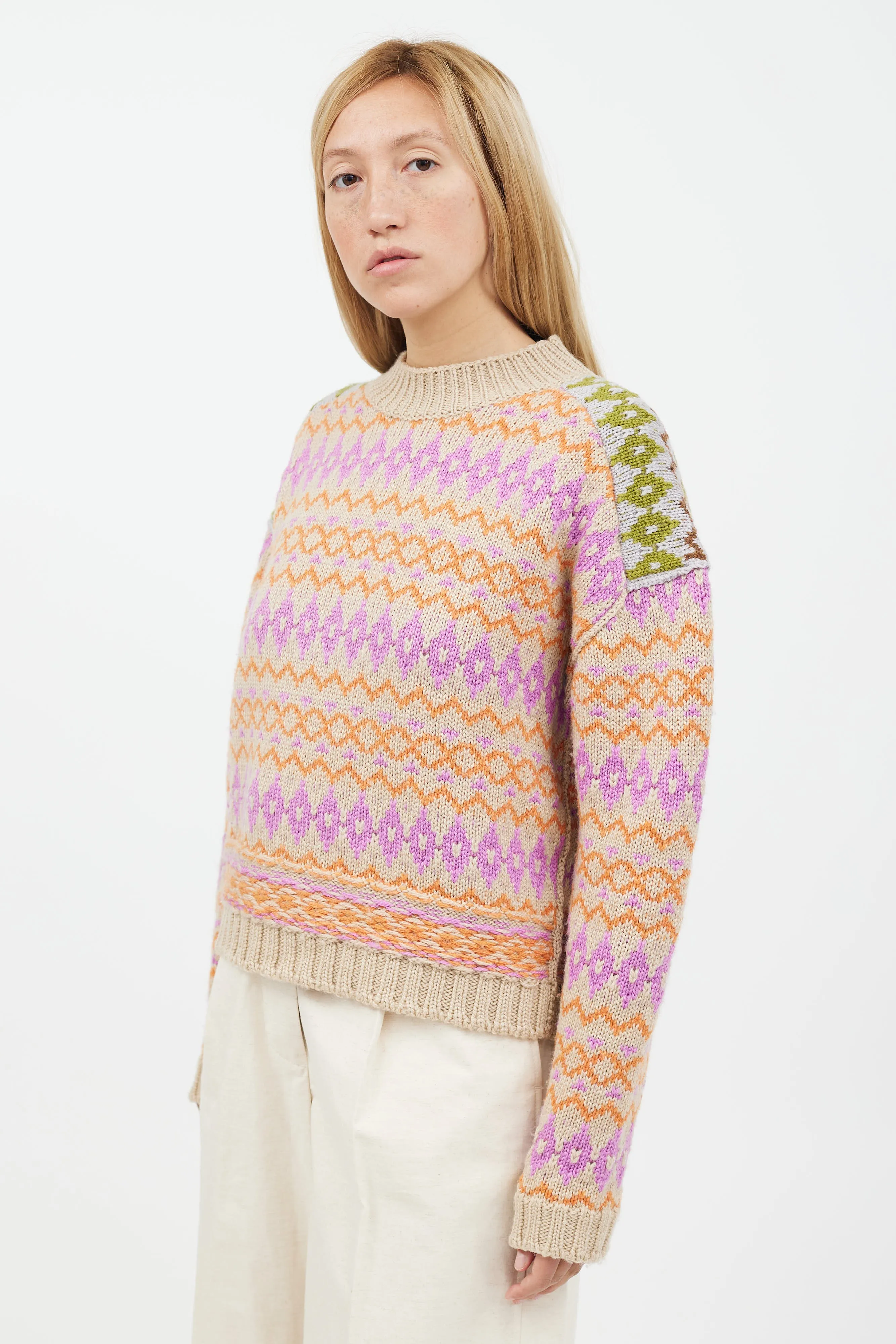 Beige Multicolour Knit Crewneck Sweater