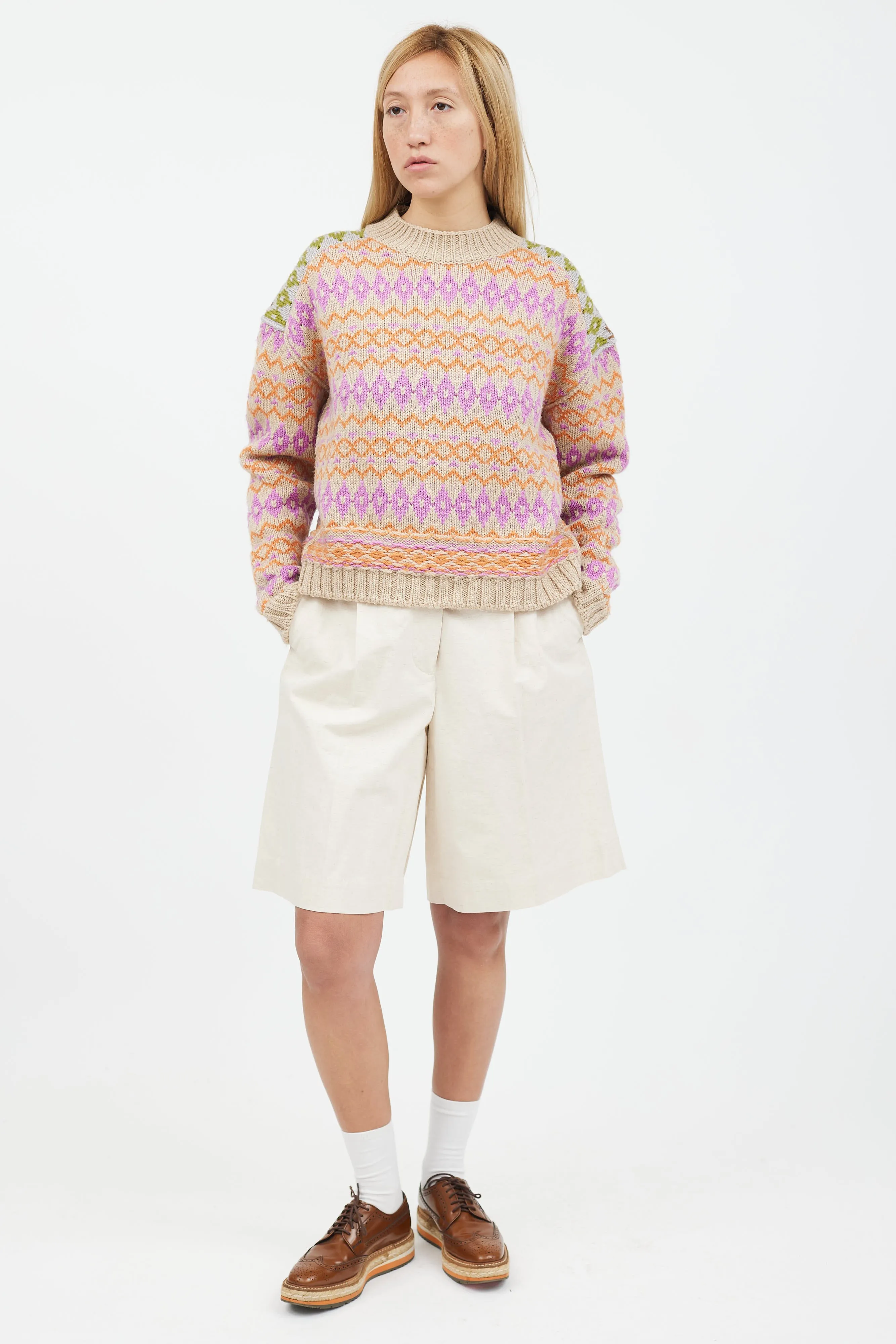 Beige Multicolour Knit Crewneck Sweater