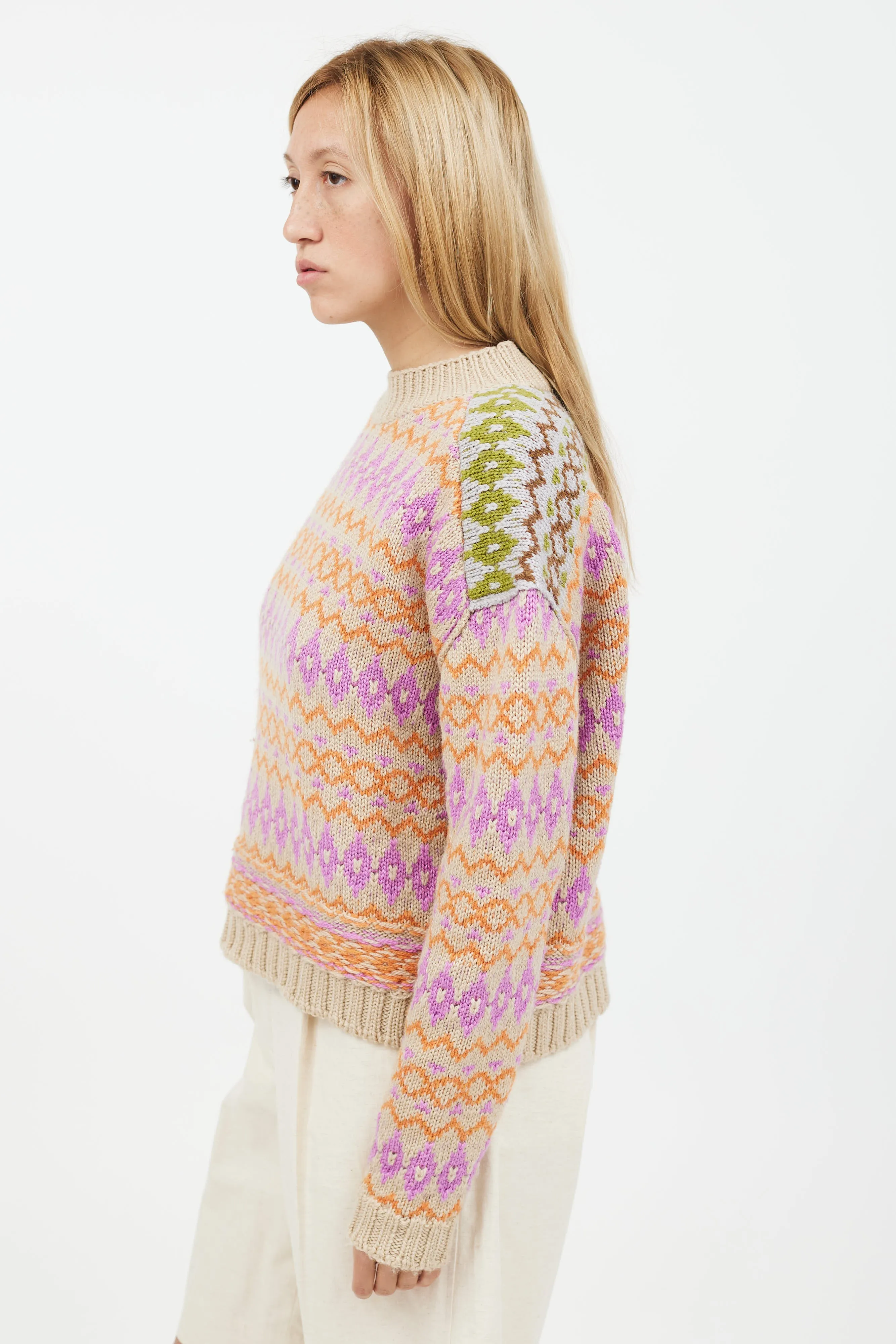 Beige Multicolour Knit Crewneck Sweater