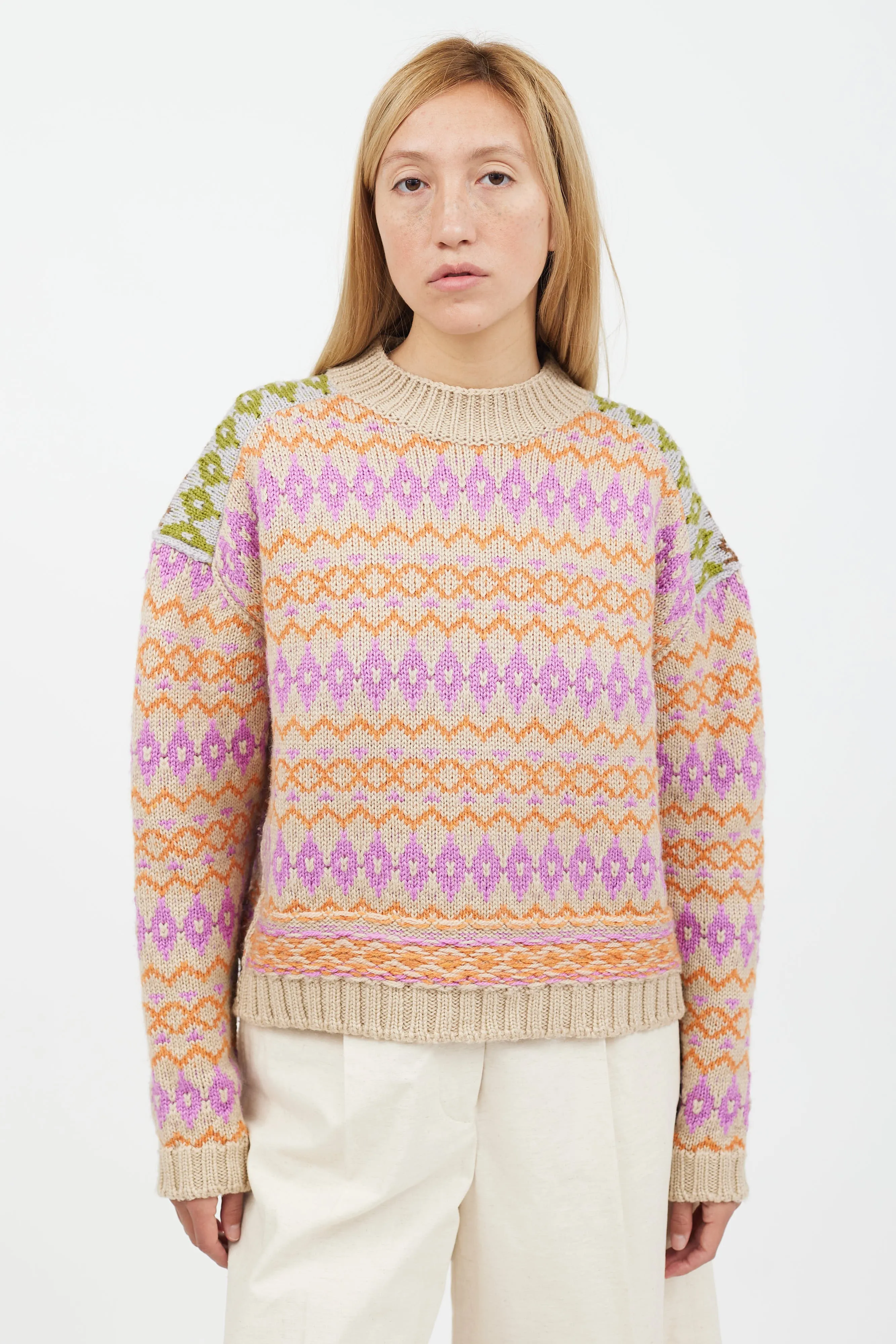 Beige Multicolour Knit Crewneck Sweater