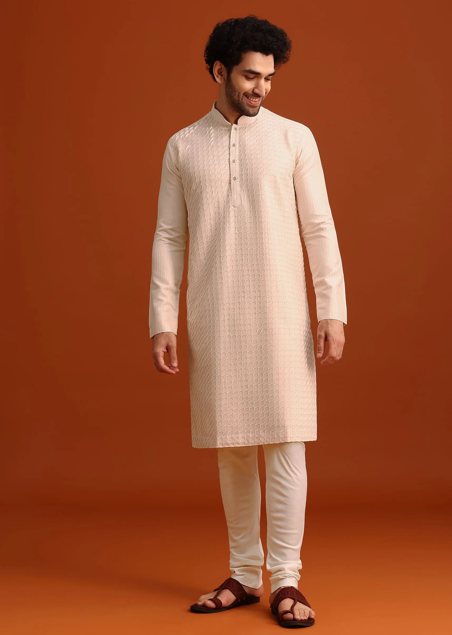 Beige Quilted Kurta Set In Blended Silk