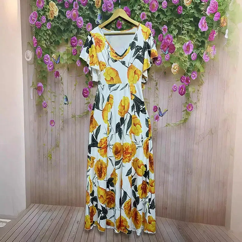 Butterfly Sleeve High Waist Long Casual Office Slim Swing Floral Print 's Evening Summer Elegant Dress