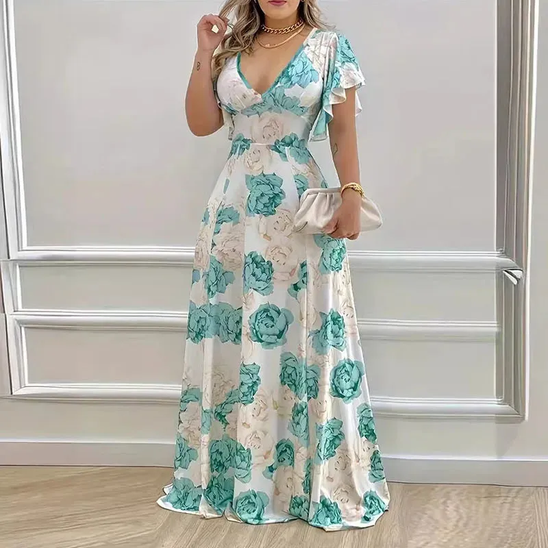 Butterfly Sleeve High Waist Long Casual Office Slim Swing Floral Print 's Evening Summer Elegant Dress