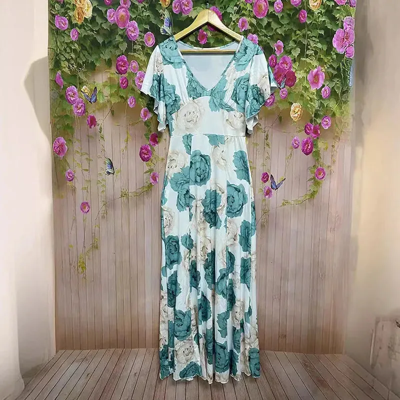 Butterfly Sleeve High Waist Long Casual Office Slim Swing Floral Print 's Evening Summer Elegant Dress