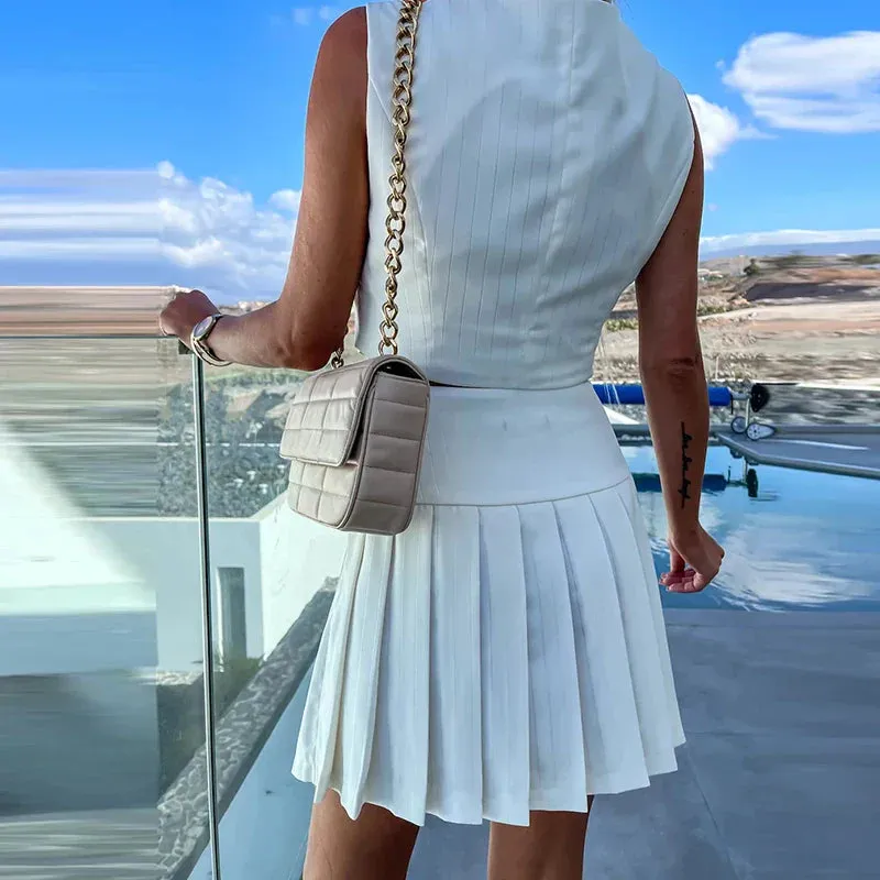Button Pleated Temperament Solid Slim Sexy Hollow Sleeveless V-neck Set
