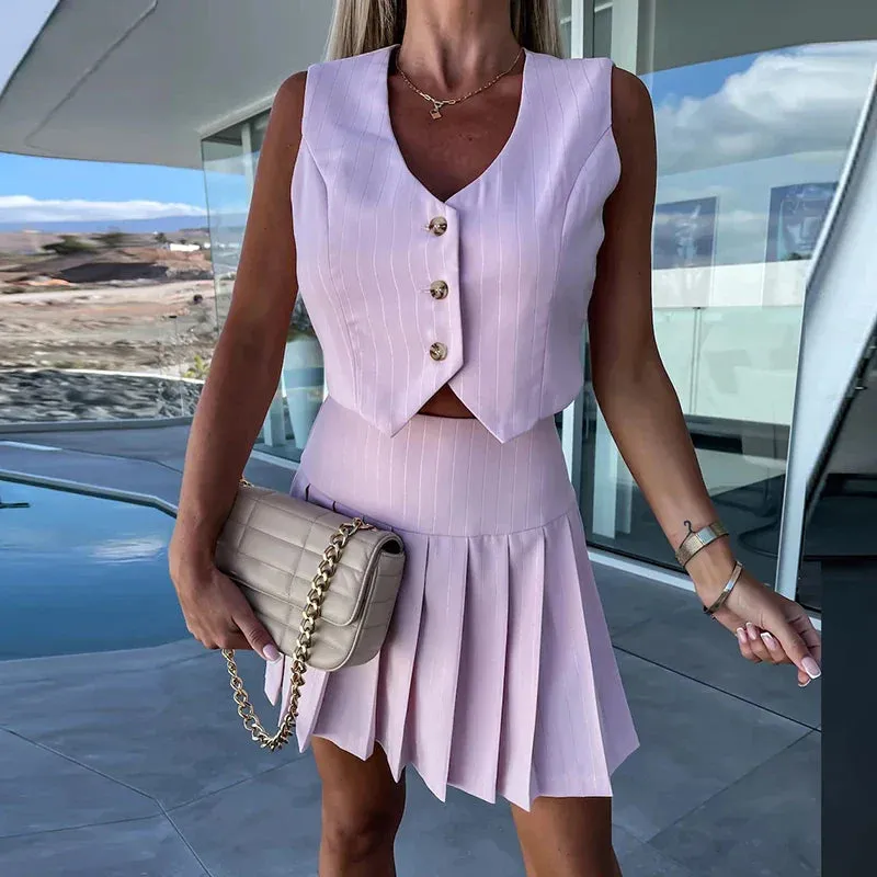 Button Pleated Temperament Solid Slim Sexy Hollow Sleeveless V-neck Set