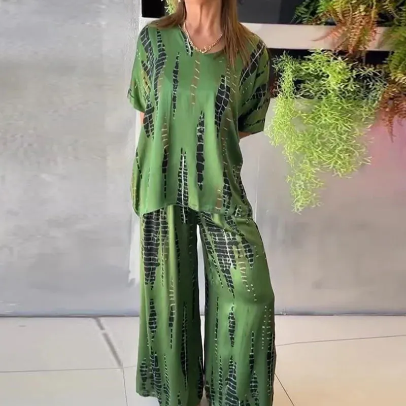 Casual O-neck Short Sleeved Loose Vintage Pattern Printed Summer Set