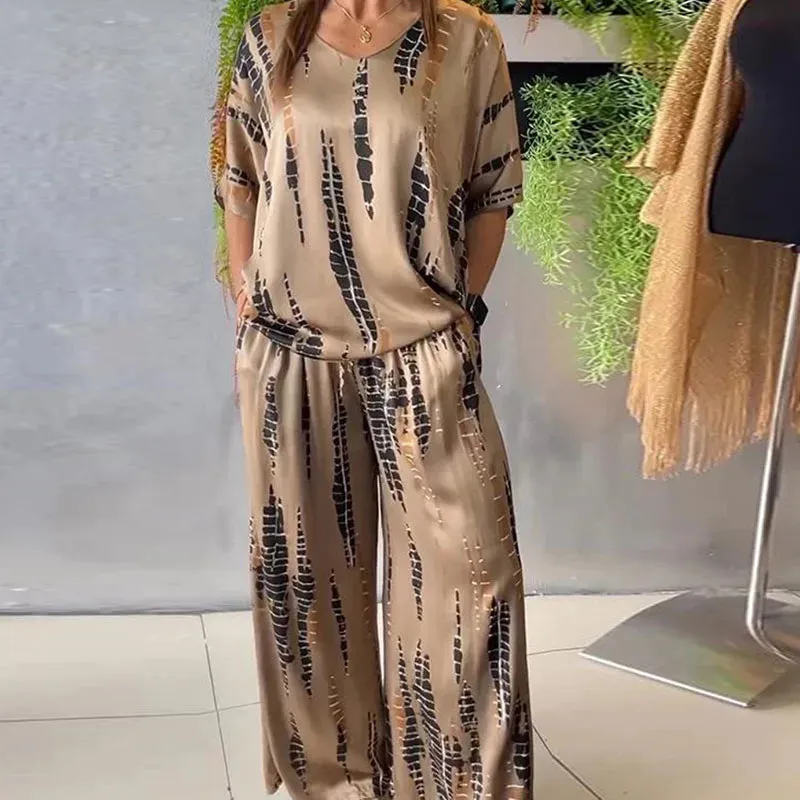 Casual O-neck Short Sleeved Loose Vintage Pattern Printed Summer Set