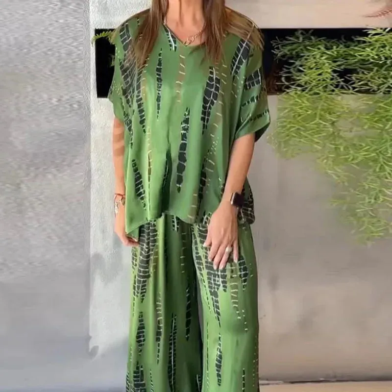 Casual O-neck Short Sleeved Loose Vintage Pattern Printed Summer Set