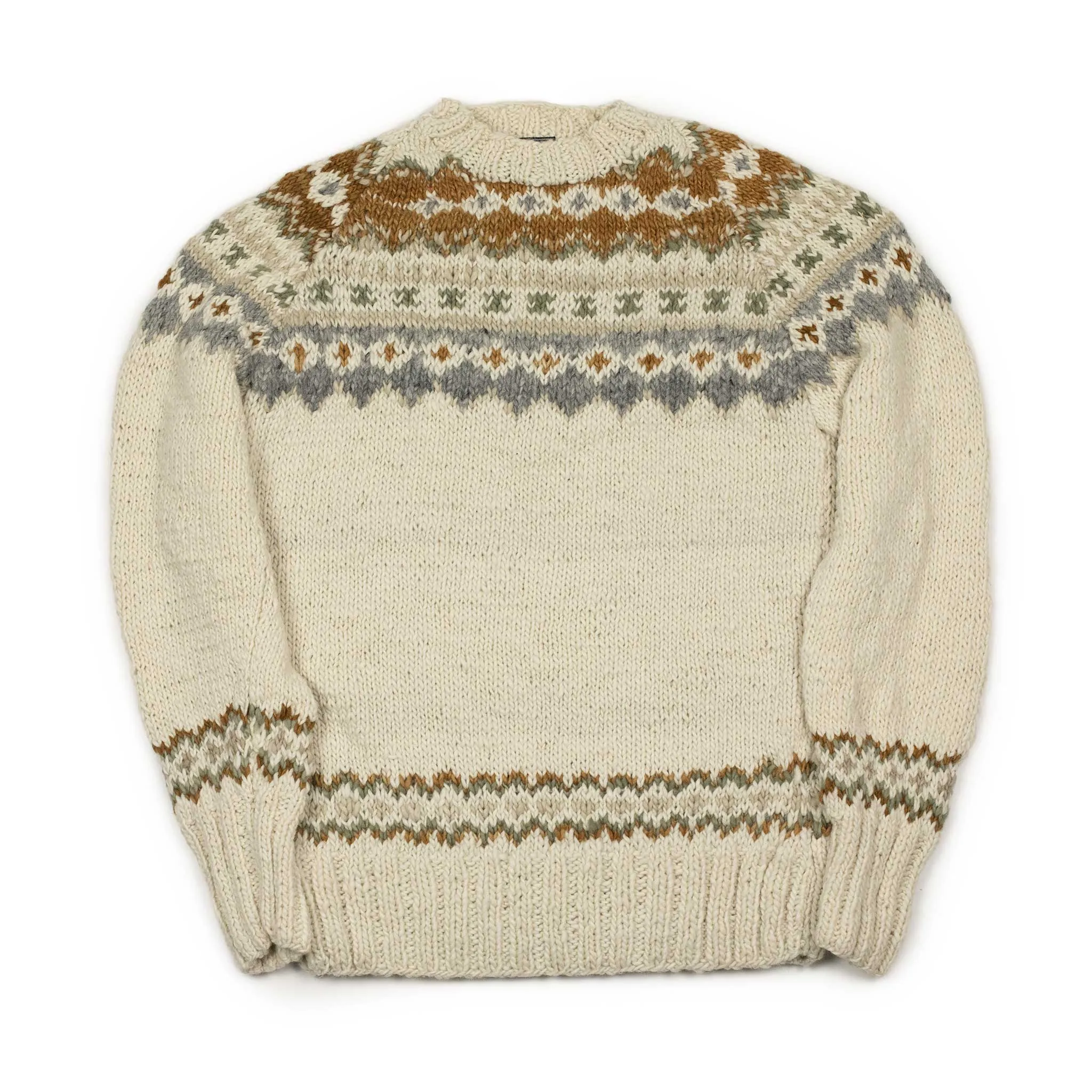 Chamula hand-knit Fair Isle crewneck sweater in Ivory wool
