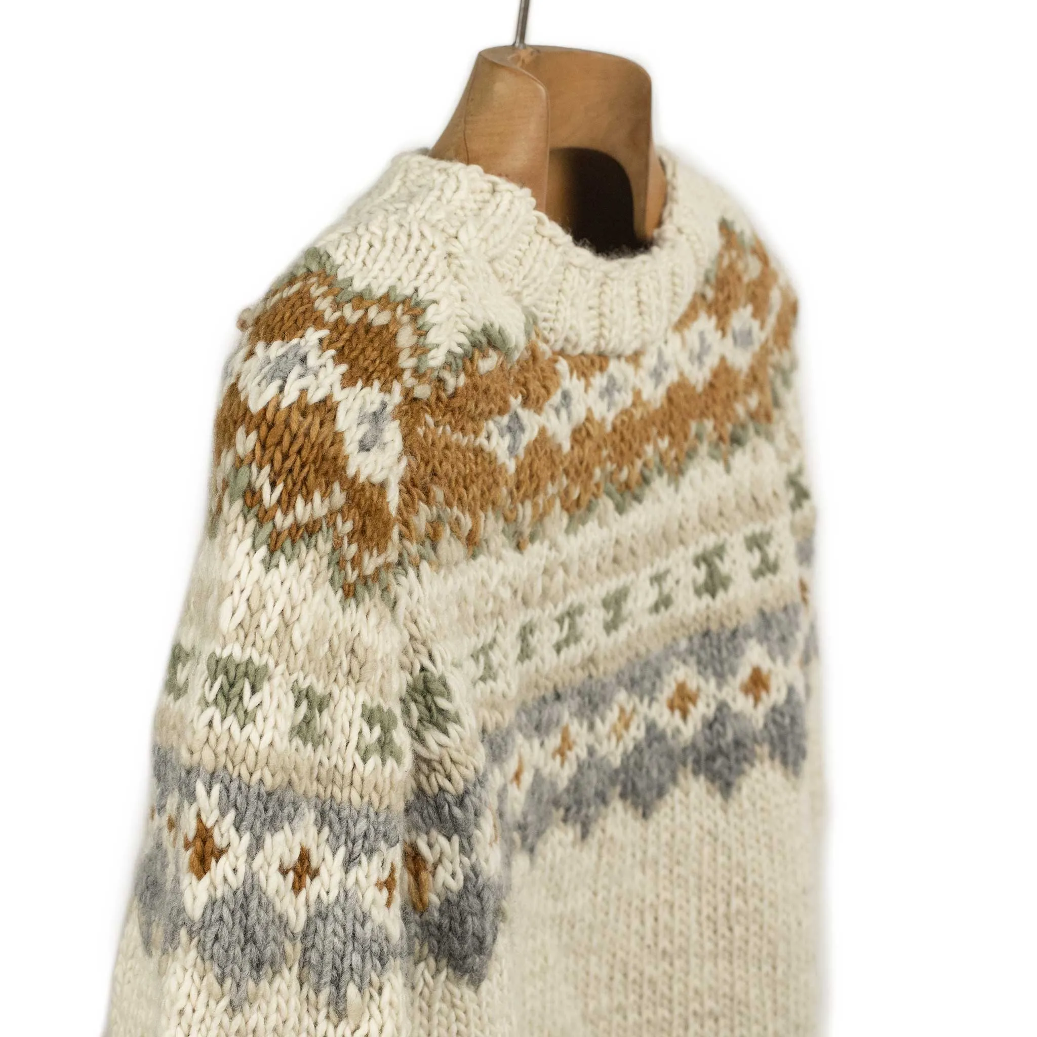 Chamula hand-knit Fair Isle crewneck sweater in Ivory wool
