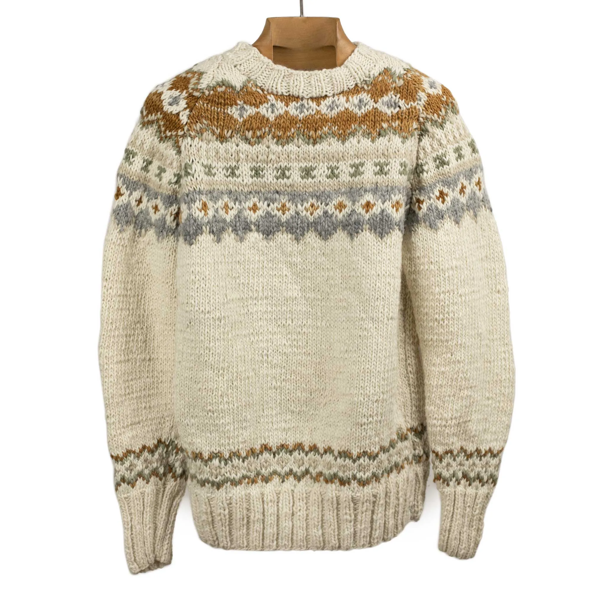 Chamula hand-knit Fair Isle crewneck sweater in Ivory wool