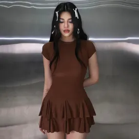 Club Ruffled Short Patchwork Mini Neck Solid Sleeve Fashion Y2K O Party Casual Dress