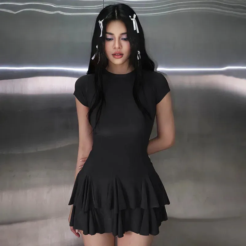 Club Ruffled Short Patchwork Mini Neck Solid Sleeve Fashion Y2K O Party Casual Dress