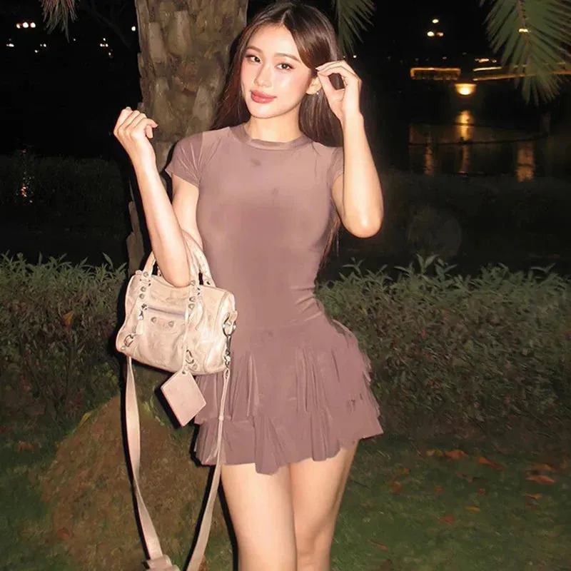 Club Ruffled Short Patchwork Mini Neck Solid Sleeve Fashion Y2K O Party Casual Dress
