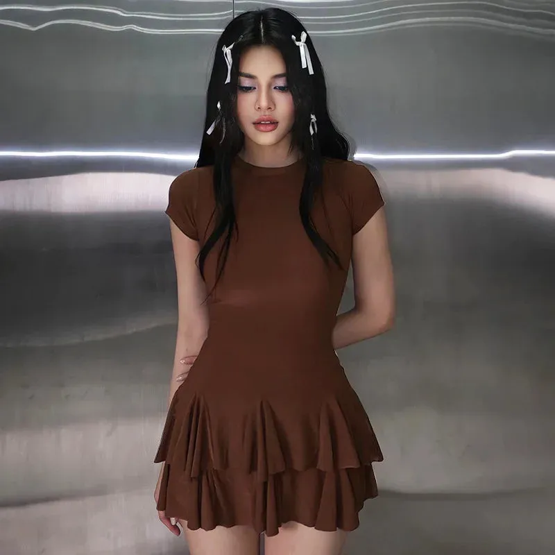 Club Ruffled Short Patchwork Mini Neck Solid Sleeve Fashion Y2K O Party Casual Dress