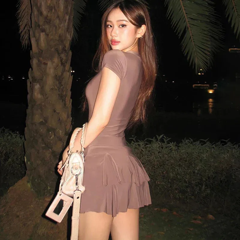 Club Ruffled Short Patchwork Mini Neck Solid Sleeve Fashion Y2K O Party Casual Dress