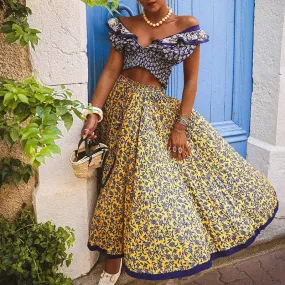 Color Blocking Vintage Floral Print Holiday Sexy V-neck Ruffled Bohemian Set