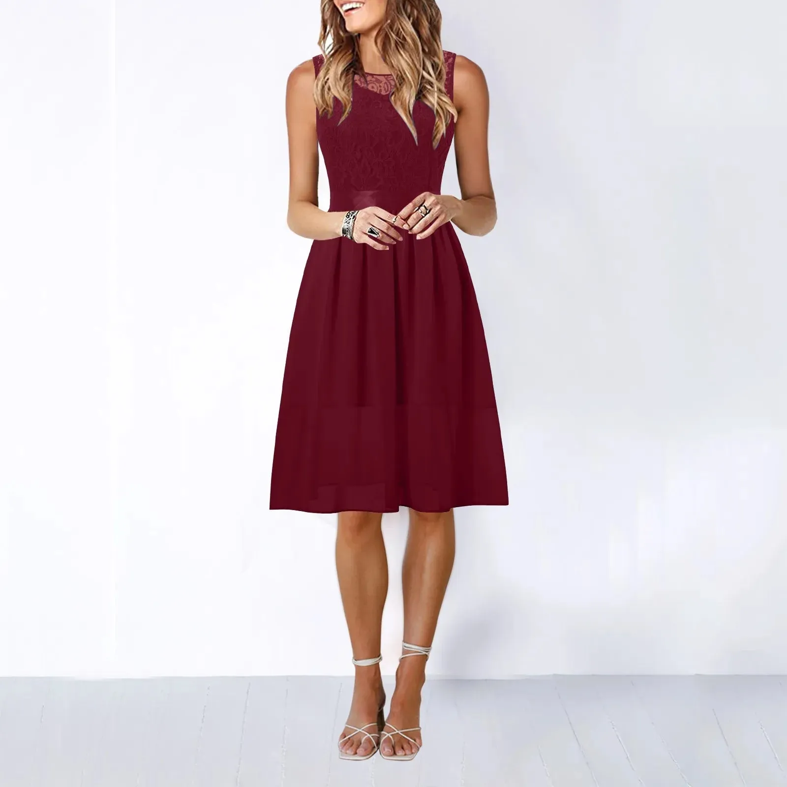 Color Transparent Lace Embroidery A-Line Sleeveless Evening Cocktail Midi Solid Dress