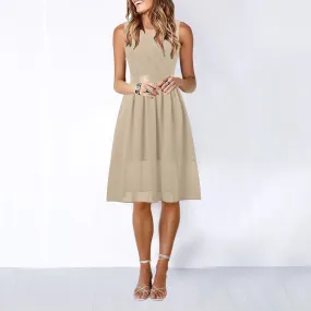 Color Transparent Lace Embroidery A-Line Sleeveless Evening Cocktail Midi Solid Dress