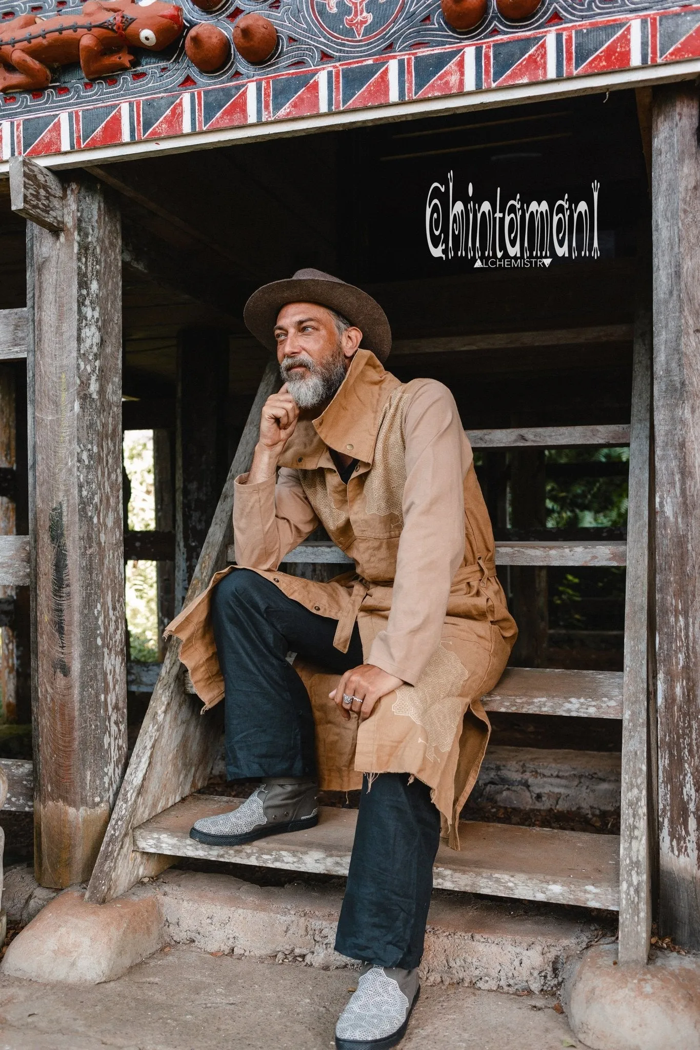 Cotton Canvas Mens Coat / Nomad Boho Cardigan Jacket with Shipibo Print / Beige