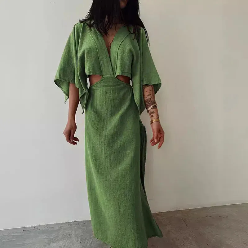 Deep V Half Sleeved Slim Fashion Hollow Backless Cotton Linen Vintage Solid High Waist Party Sexy Dress