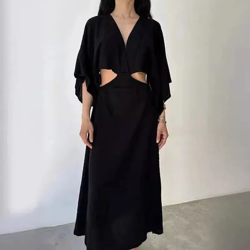 Deep V Half Sleeved Slim Fashion Hollow Backless Cotton Linen Vintage Solid High Waist Party Sexy Dress