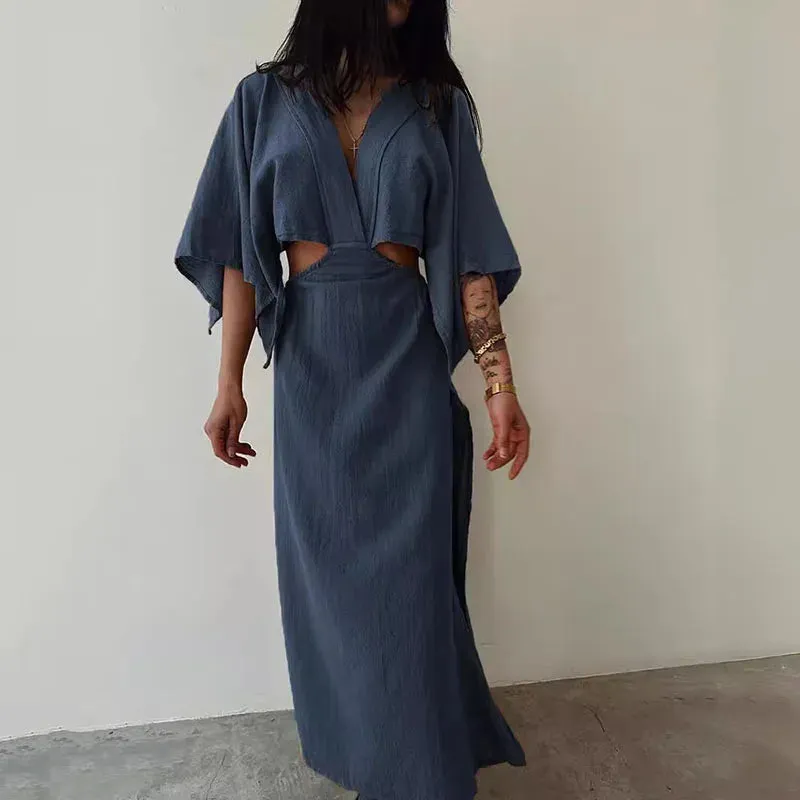 Deep V Half Sleeved Slim Fashion Hollow Backless Cotton Linen Vintage Solid High Waist Party Sexy Dress