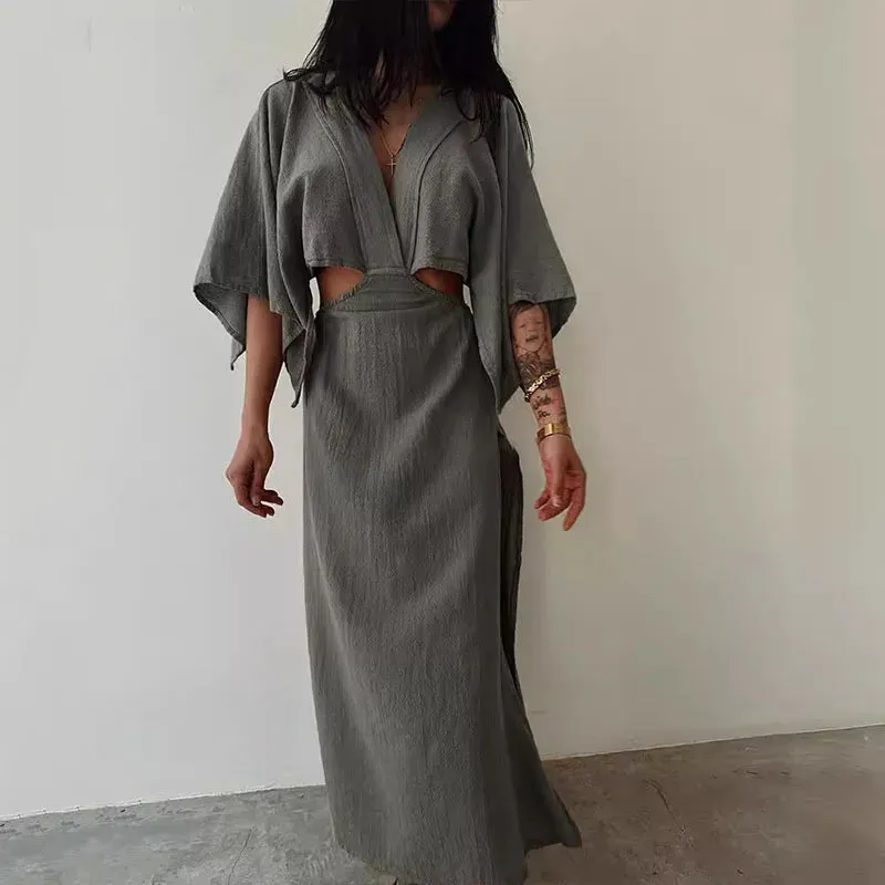 Deep V Half Sleeved Slim Fashion Hollow Backless Cotton Linen Vintage Solid High Waist Party Sexy Dress