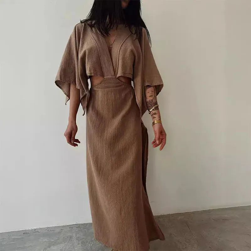 Deep V Half Sleeved Slim Fashion Hollow Backless Cotton Linen Vintage Solid High Waist Party Sexy Dress