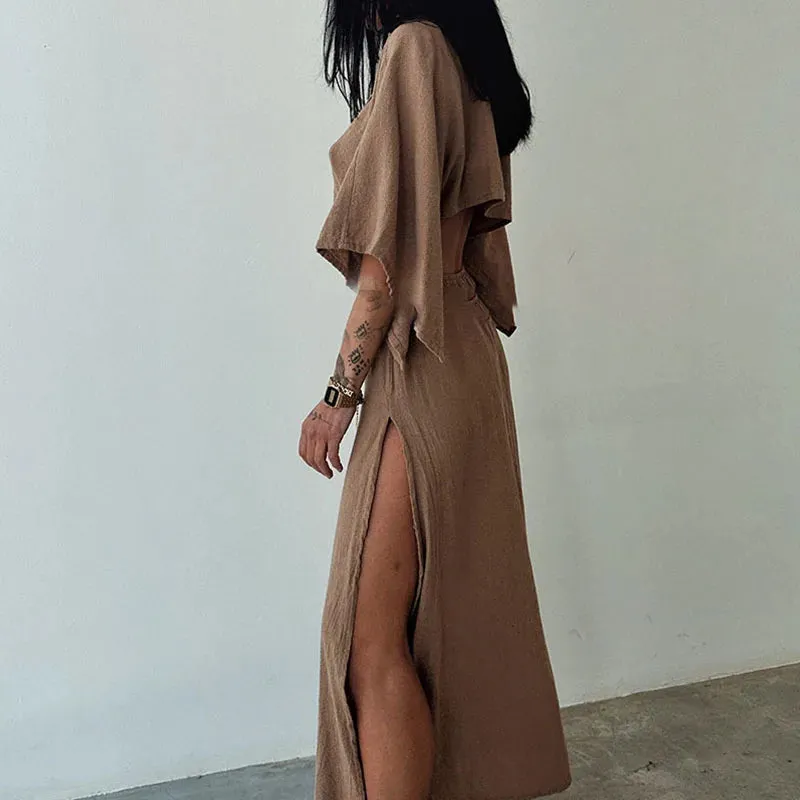 Deep V Half Sleeved Slim Fashion Hollow Backless Cotton Linen Vintage Solid High Waist Party Sexy Dress