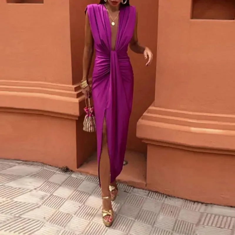 Deep V-pleated Slim Club Temperament Solid Color Split Elegant Sleeveless High Waist Party Sexy Dress