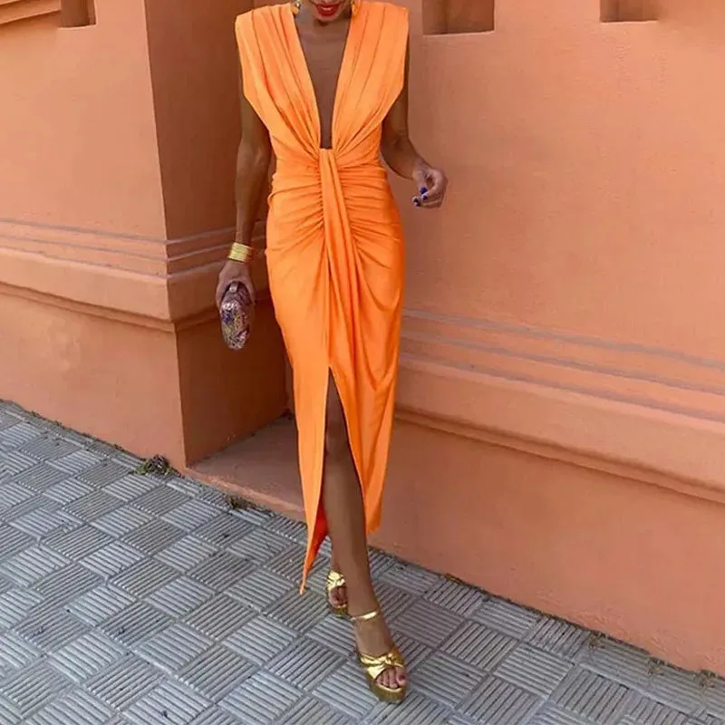 Deep V-pleated Slim Club Temperament Solid Color Split Elegant Sleeveless High Waist Party Sexy Dress