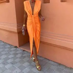 Deep V-pleated Slim Club Temperament Solid Color Split Elegant Sleeveless High Waist Party Sexy Dress