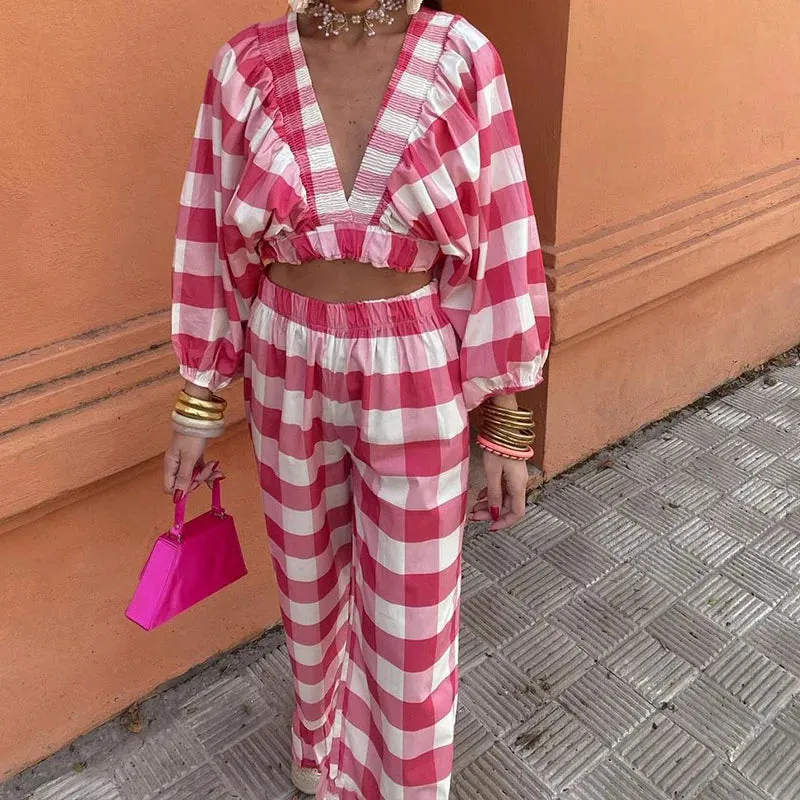 Deep V Puff Sleeved Fashion Plaid Print Summer Loose High Waits Crop Sexy Set
