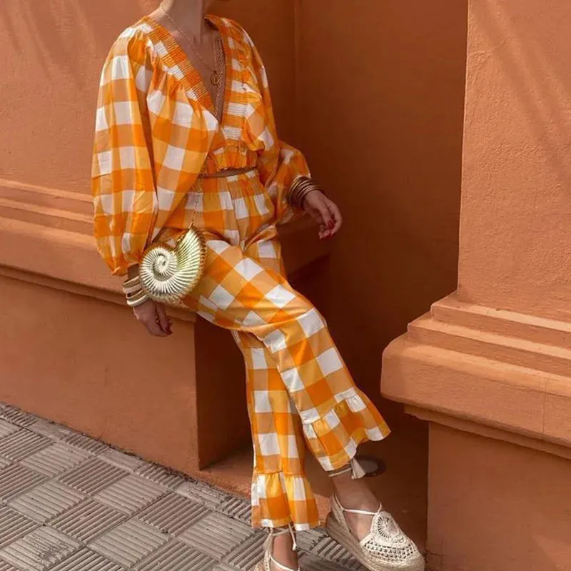 Deep V Puff Sleeved Fashion Plaid Print Summer Loose High Waits Crop Sexy Set