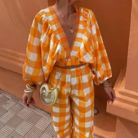 Deep V Puff Sleeved Fashion Plaid Print Summer Loose High Waits Crop Sexy Set