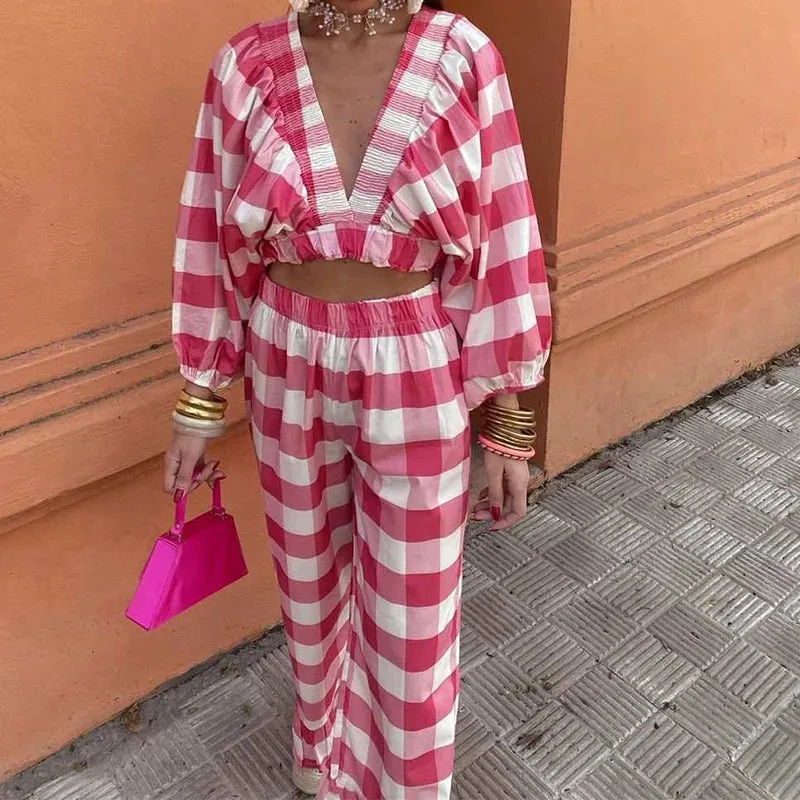 Deep V Puff Sleeved Fashion Plaid Print Summer Loose High Waits Crop Sexy Set